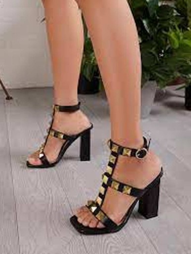 T-Strap Studded Peep Toe Square Stiletto Heel Shoes