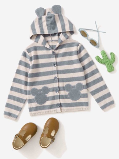 SHEIN Toddler Girls Two Tone Embroidery Detail Button Placket Hooded Cardigan With 3D Ears
