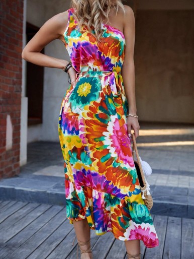 One Shoulder Floral Print Belted Dress