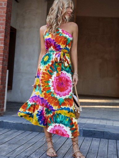 One Shoulder Floral Print Belted Dress