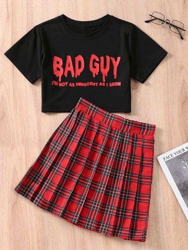 Girls Slogan Graphic Tee & Tartan Print Pleated Skirt for
