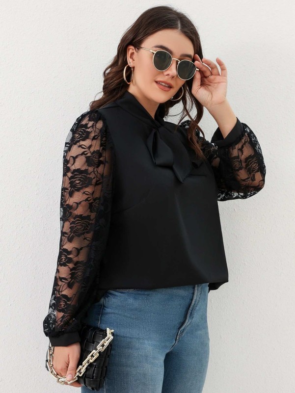 Plus Contrast Floral Lace Lantern Sleeve Tie Neck Blouse