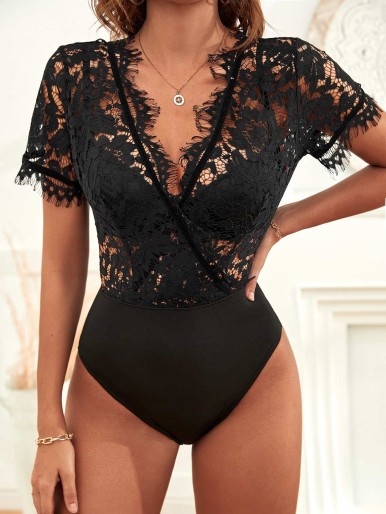 Contrast Lace Surplice Neck Eyelash Trim Zipper Back Bodysuit Without Bra