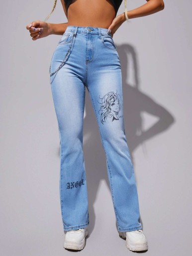SHEIN Figure & Letter Graphic Bootcut Leg Jeans & Chain
