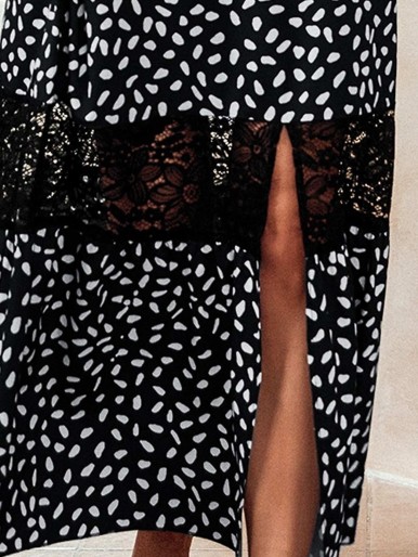 Dalmatian Print Contrast Lace Shirred Back Slit Hem Cami Dress