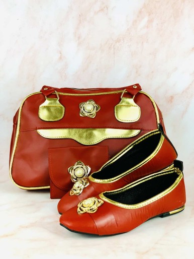 Bag, shoes and purse gold and red