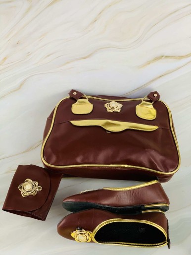 Gold and brown bag, shoes and purse