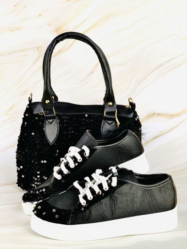 Bag and black sneakers with glitter tatter