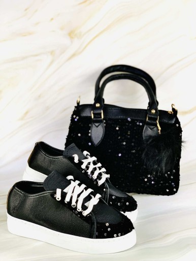 Bag and black sneakers with glitter tatter