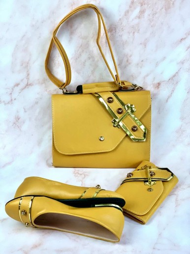 Yellow bag, shoes and wallet with a decorative metal ring