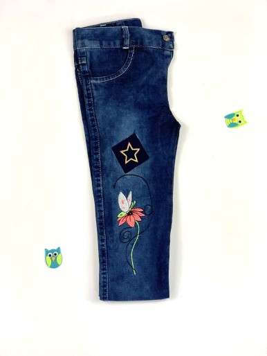 Girls' blue jeans with a floral pattern