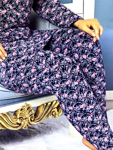 Navy blue pajama with white and red floral print