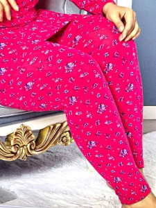 Red pajamas with white and blue floral print