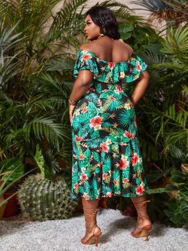 SHEIN SXY Cold Shoulder Tropical Print Cami Dress