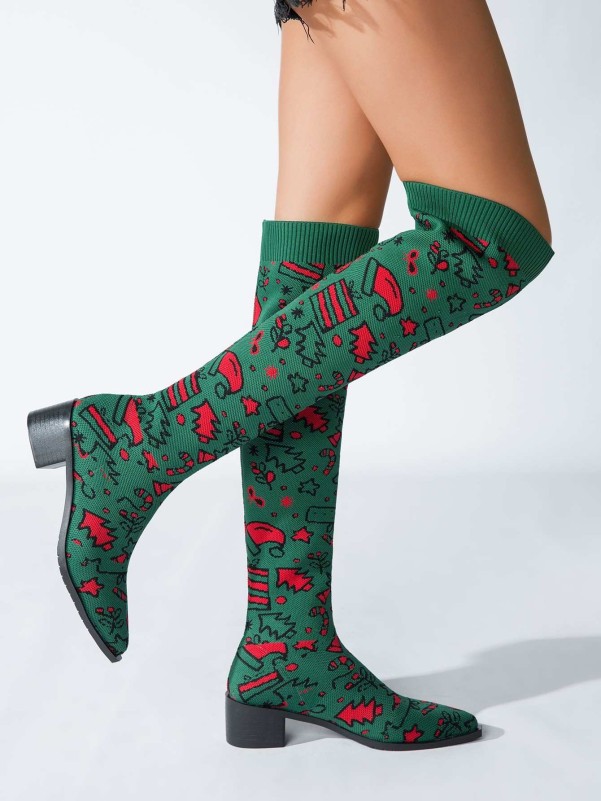 Christmas Graphic Knit Detail Sock Boots