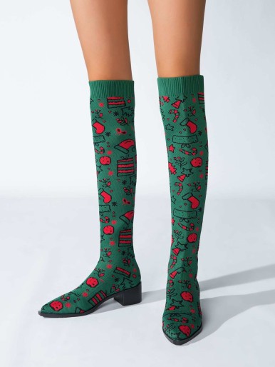 Christmas Graphic Knit Detail Sock Boots