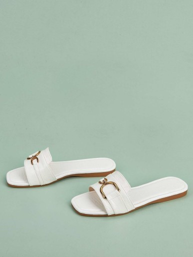 Metallic crocodile-embossed slide sandals