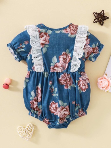 Baby Floral Print Eyelet Embroidery Trim Half Button Bodysuit