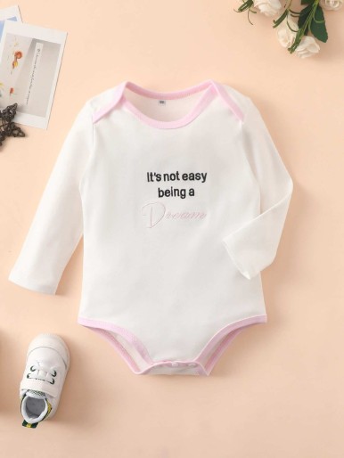 Baby Slogan Embroidery Contrast Binding Bodysuit