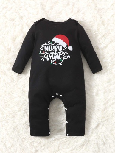 Baby 1pc Christmas And Slogan Graphic Jumpsuit