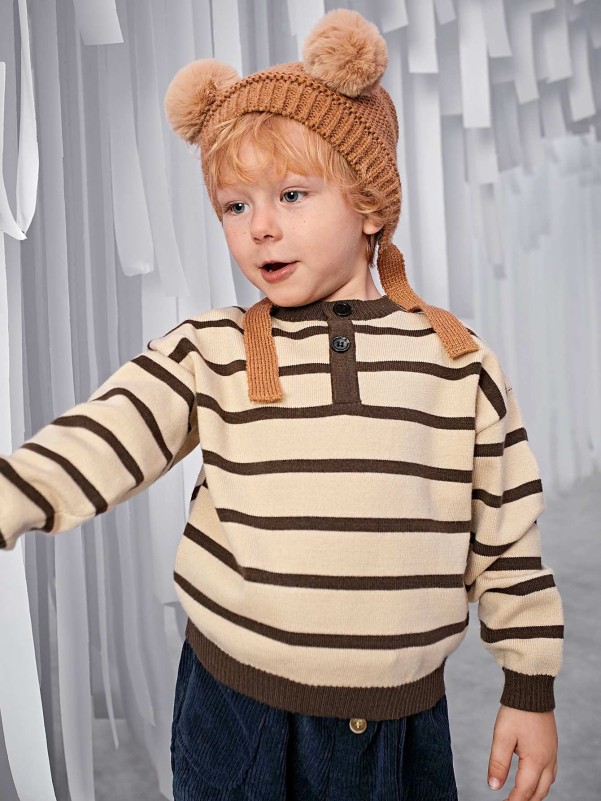 SHEIN Toddler Boys Striped Pattern Single Breasted Drop Shoulder Sweater