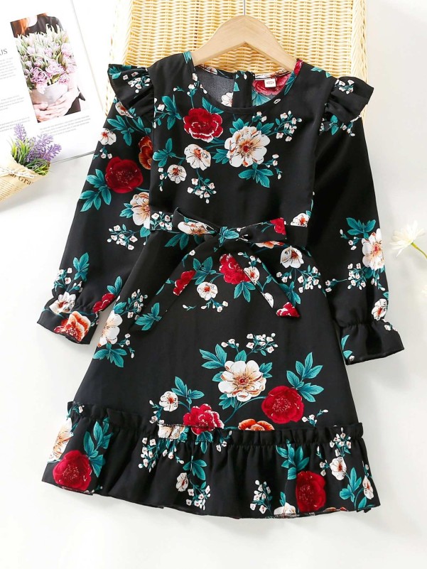 Girls Floral Print Ruffle Trim Flounce Sleeve Belted Dress