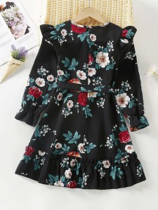 Girls Floral Print Ruffle Trim Flounce Sleeve Belted Dress