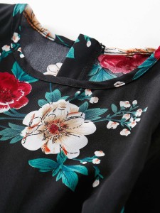 Girls Floral Print Ruffle Trim Flounce Sleeve Belted Dress