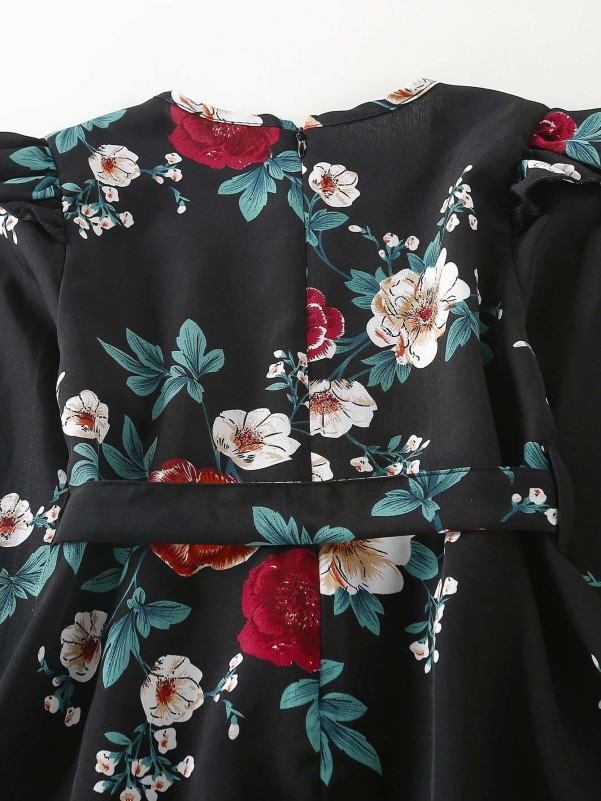 Girls Floral Print Ruffle Trim Flounce Sleeve Belted Dress
