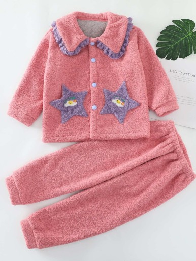 Girls Cartoon & Letter Embroidery Frilled Flannel PJ Set