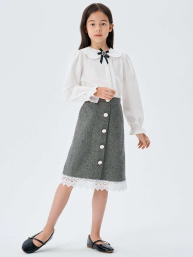SHEIN Girls Peter-pan Collar Flounce Sleeve Blouse & Guipure Lace Trim Skirt
