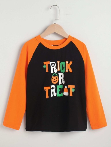 Girls Halloween Pumpkin And Slogan Graphic Raglan Sleeve Tee