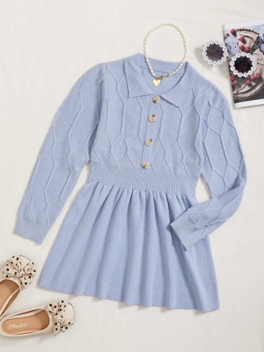 Girls Button Argyle Knit Sweater Dress