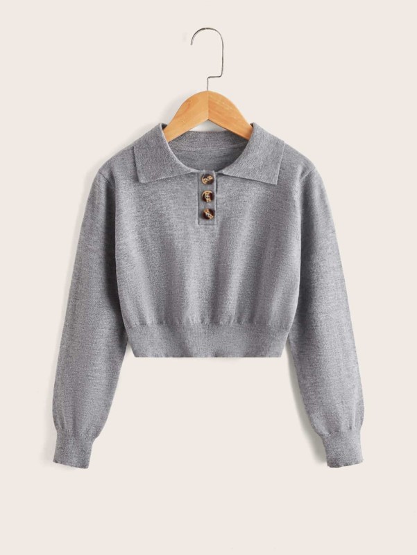 SHEIN Girls Solid Button Detail Sweater