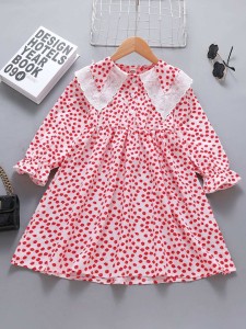 Girls Ditsy Floral Eyelet Embroidery Statement Collar Flounce Sleeve Dress