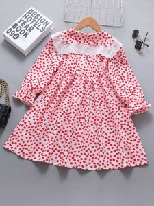 Girls Ditsy Floral Eyelet Embroidery Statement Collar Flounce Sleeve Dress