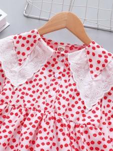 Girls Ditsy Floral Eyelet Embroidery Statement Collar Flounce Sleeve Dress
