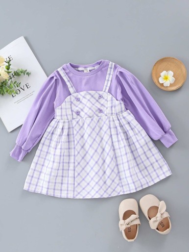 Toddler Girls Puff Sleeve 2 In 1 Plaid Dress