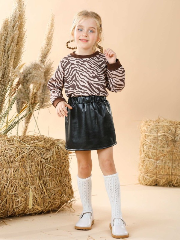 Toddler Girls Zebra Striped Sweatshirt & Elastic Waist Skirt