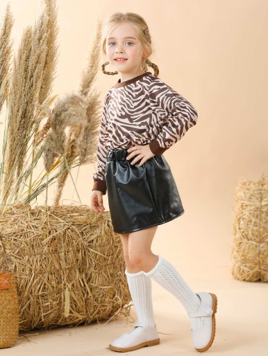 Toddler Girls Zebra Striped Sweatshirt & Elastic Waist Skirt