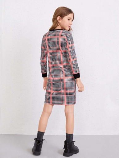 Girls Houndstooth Print Fitted Dress
