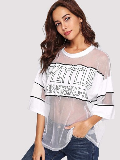 Letter Print See Through Mesh Top