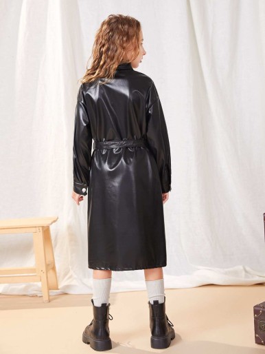SHEIN Girls Flap Pocket Drop Shoulder Belted PU Leather Dress