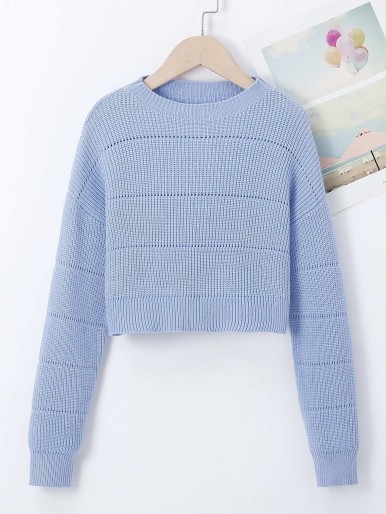 Girls Drop Shoulder Pointelle Knit Sweater