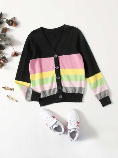 Girls Button Front Color Block Cardigan
