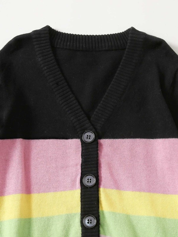 Girls Button Front Color Block Cardigan