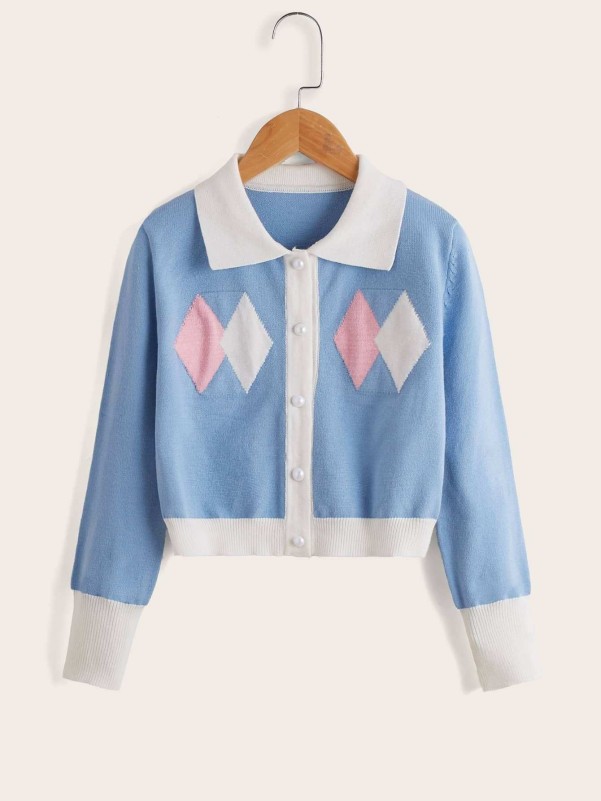 SHEIN Girls Argyle Pattern Contrast Trim Cardigan