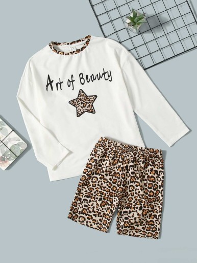 SHEIN Girls Letter And Leopard Contrast Binding PJ Set