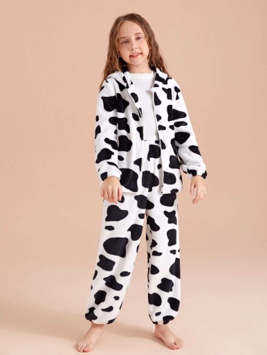 SHEIN Girls Cow Pattern Zipper Hooded Flannel Lounge Set