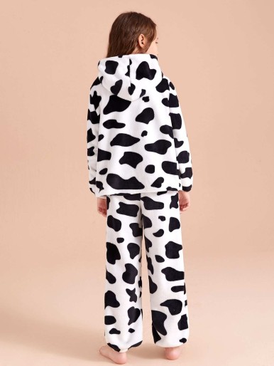 SHEIN Girls Cow Pattern Zipper Hooded Flannel Lounge Set